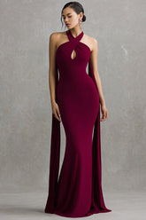 Burgunderrotes Neckholder Spandex Meerjungfrau Langes Ballkleid